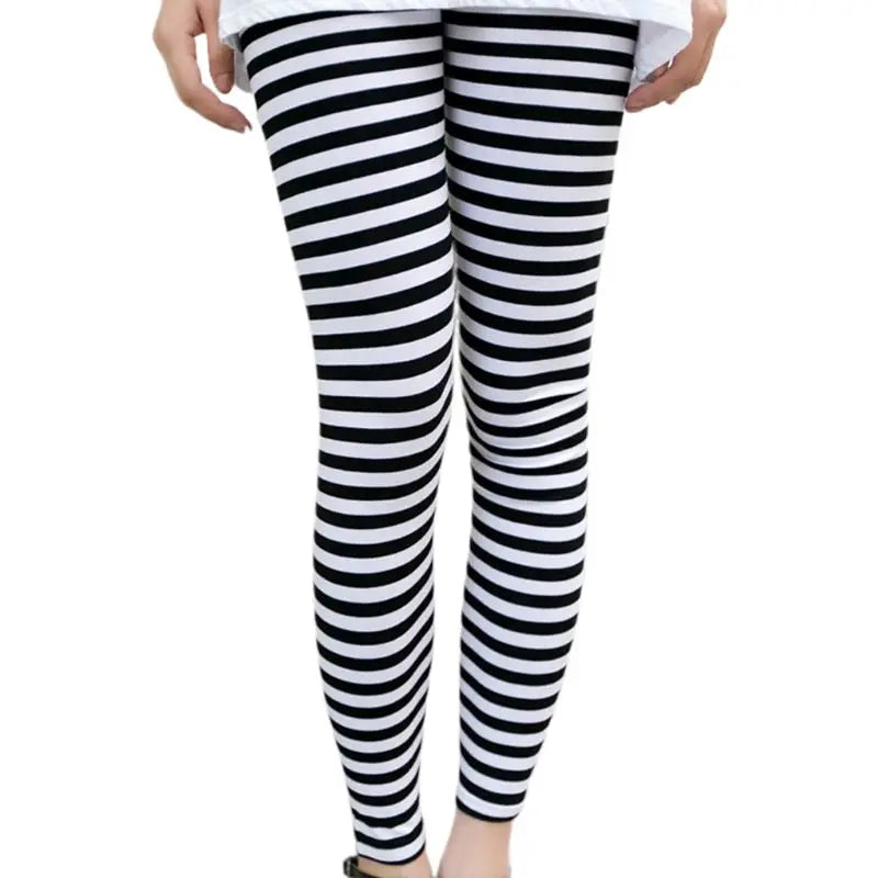 Women Ankle Length Skinny Leggings Black White Horizontal Striped Pants High Quality and Brand New