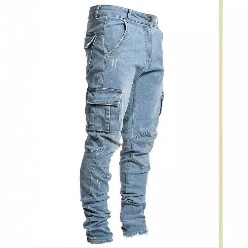 Stylish Tide Brand Men Cargo Narrow Leg Denim Pants Elastic Slim Fit Jeans Solid Color Multi Pockets Casual Skinny Male Trousers