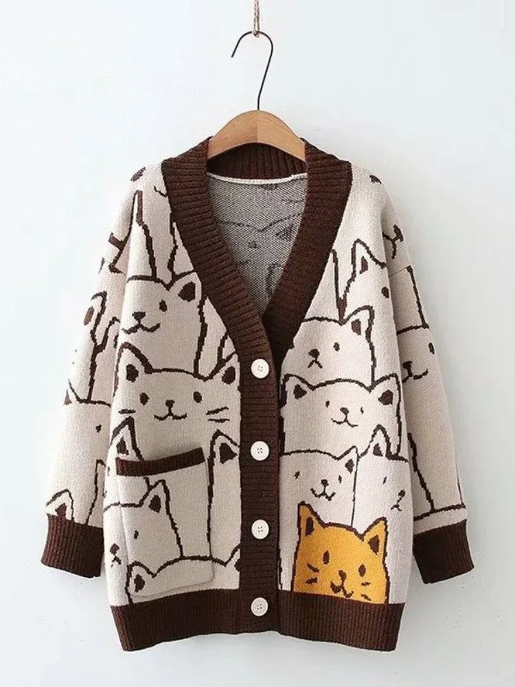 Merry Pretty Cartoon Cat knitted cardigans Jumper Autumn Winter Womens Harajuku Sweater coat O-Neck Long Sleeve cardigan 2024