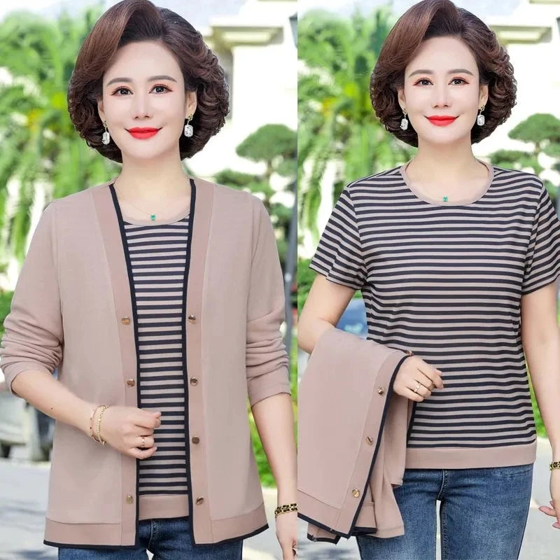 Middle-Aged Women's Cardigans 2PCS Spring Autumn Knitted Sweater New Two-Piece Set Fashion Stripe Pullover T-Shirts Mother Suits