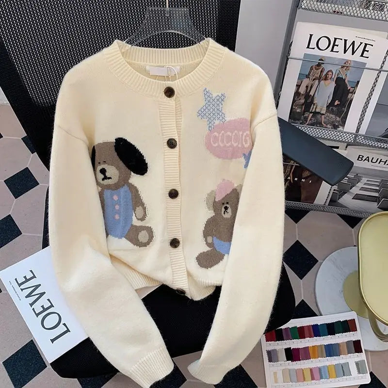 Korean Fashion Autumn Sweaters Coats Women O-Neck Cartoon Little Bear Button Sweet Chic Long Sleeve Loose Cardigan Knitted Tops