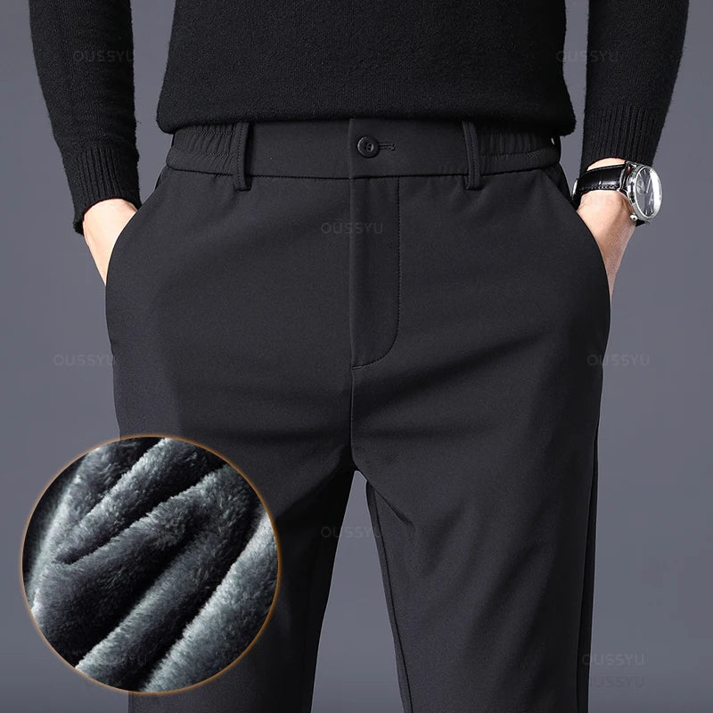 Winter Warm Fleece Trousers Men Thicken Business Stretch Slim Elastic Waist Jogger Korean Outdoor Sweatpants Suit Pants Male