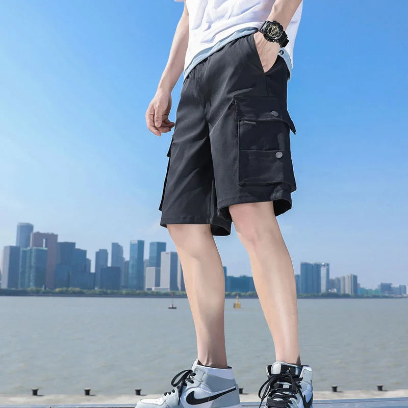 Summer Solid Color Multiple Pockets Zip Fastener Men's Cargo Shorts New Loose Street Casual Straight Cylinder Tide Male Short