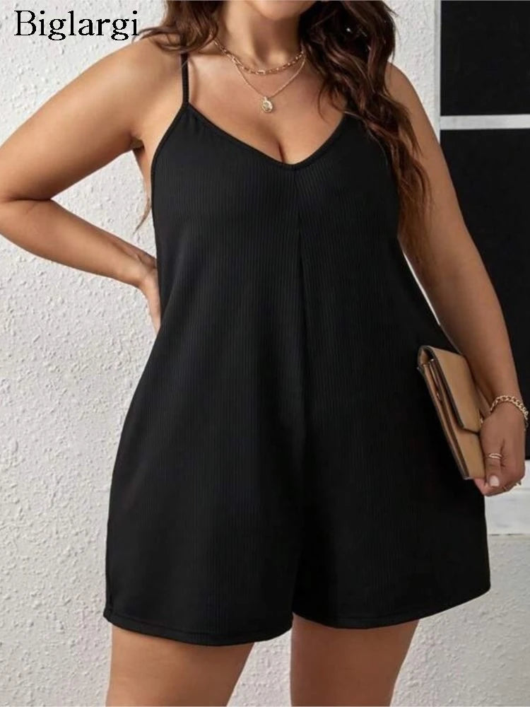 Plus Size Summer Sleeveless Slip Jumpsuit Women V-Neck Fashion Sexy Ladies Jumpsuits Wide Leg Loose Woman Mini Jumpsuit