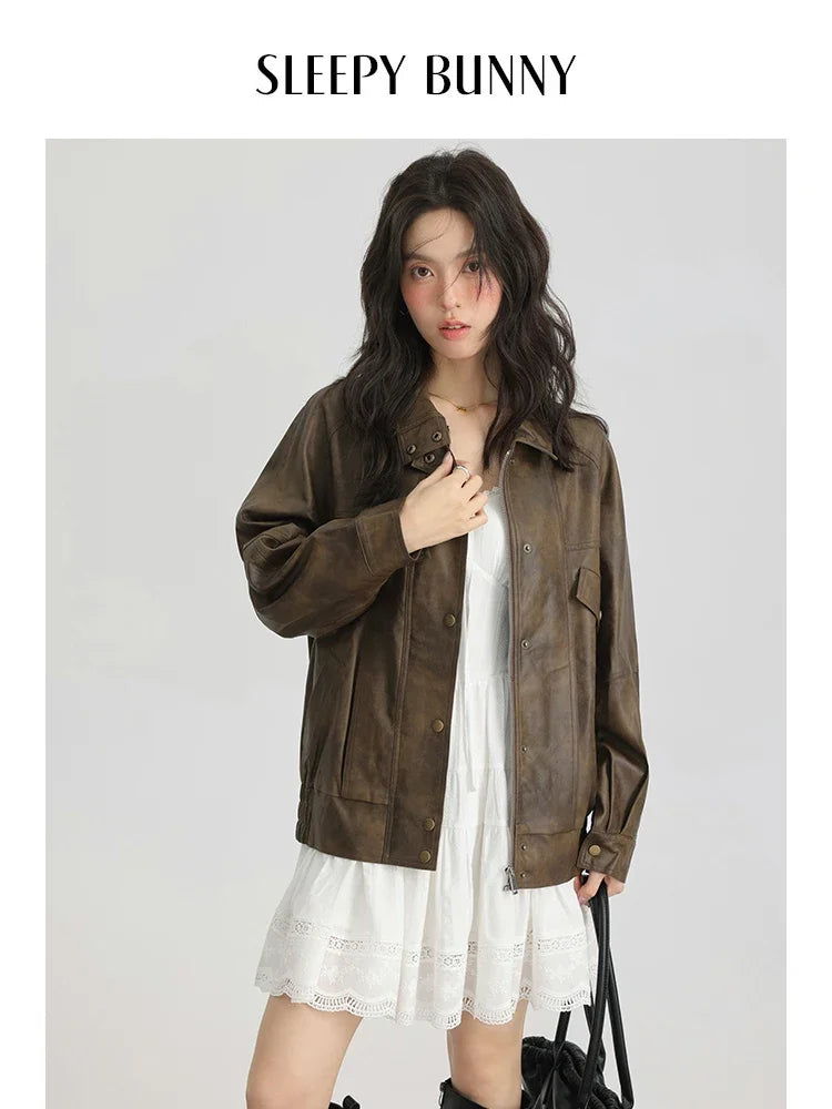 Women Vintage PU Leather Biker Jacket Spring Faded Litchi Grain Lapel Motorcycle Coat Retro Slim Fit Casual Outerwear for Women