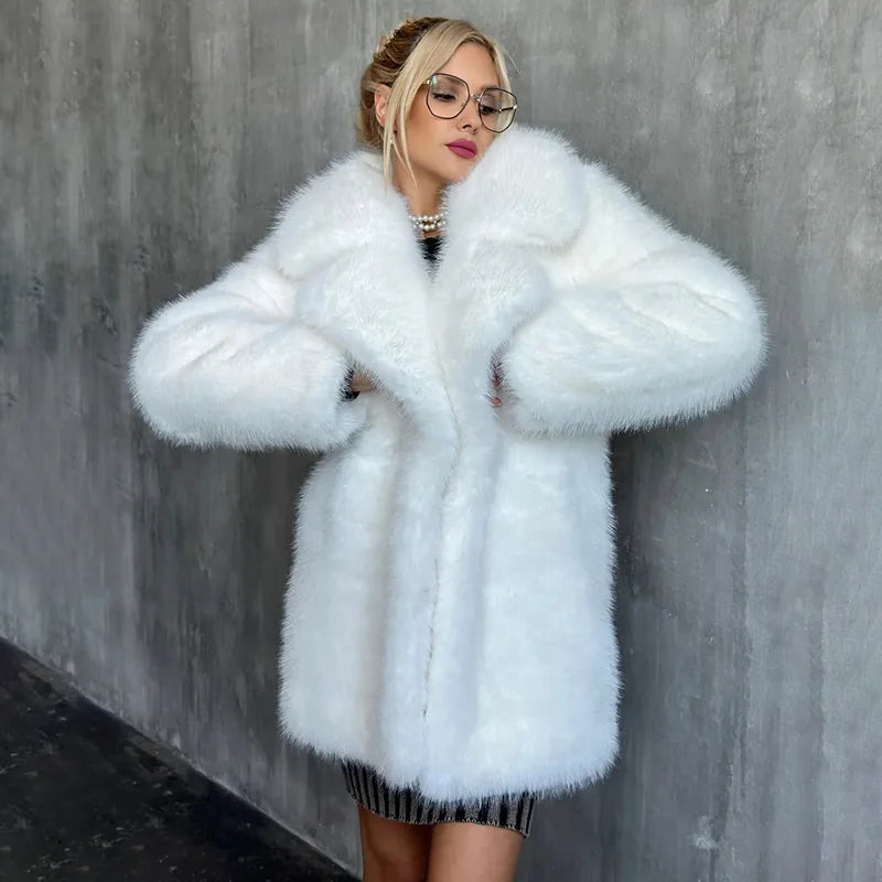 TARUXY 2025 Winter Imitation Fox Fur Mid-length Coat For Women Fashion Artificial Lapel Thicken Streetwear Faux Fur Jacket Lady