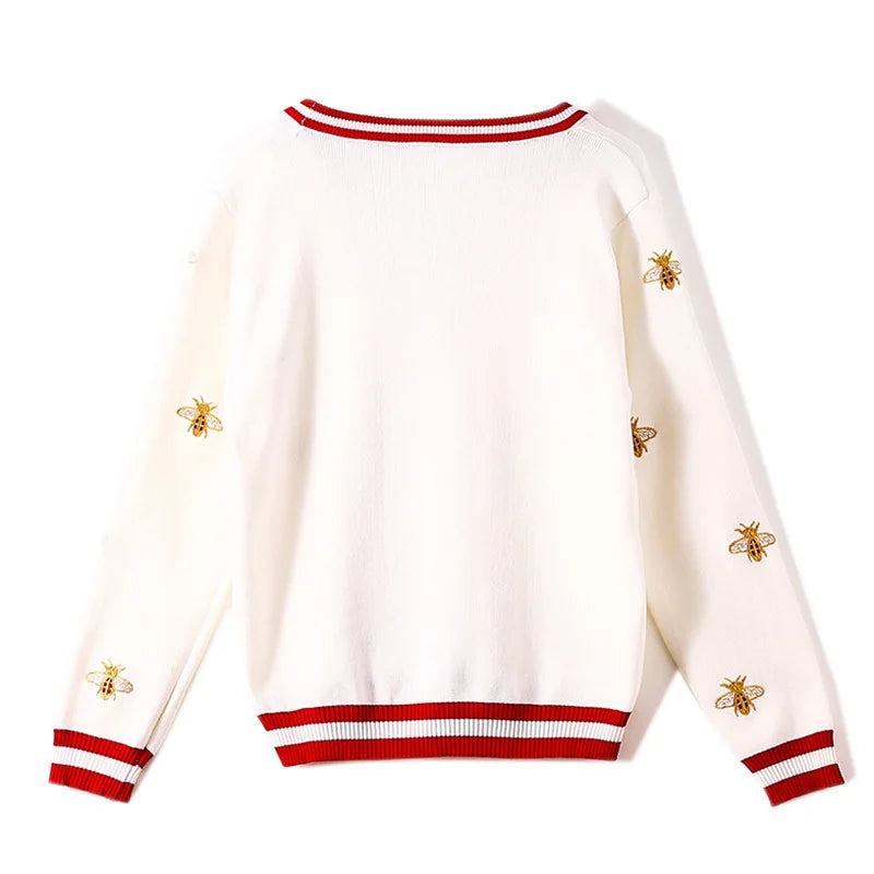 High Quality Fashion Designer Bee Embroidery Cardigan Long Sleeve Single Breasted Contrast Color Button Knitted Sweater