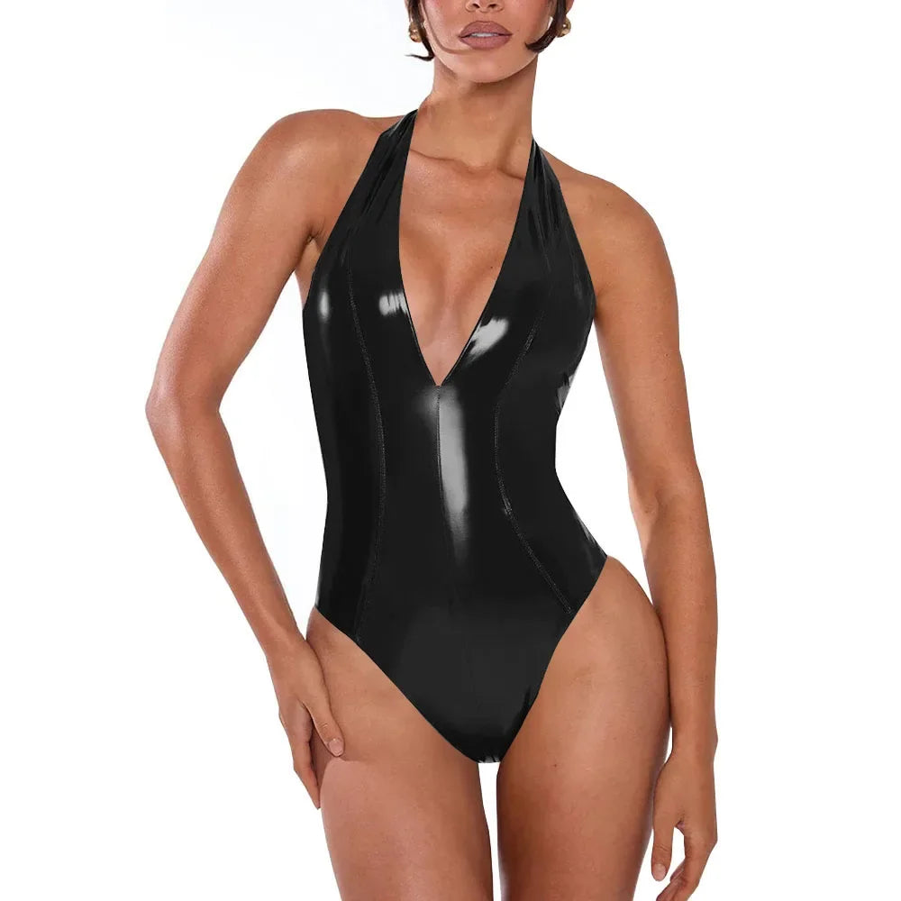 Plus Size Women Skintight Halter Bodysuits Sexy Plunging Neckline Backless Exotic Catsuit Shiny PVC Leather Latex Look Teddies