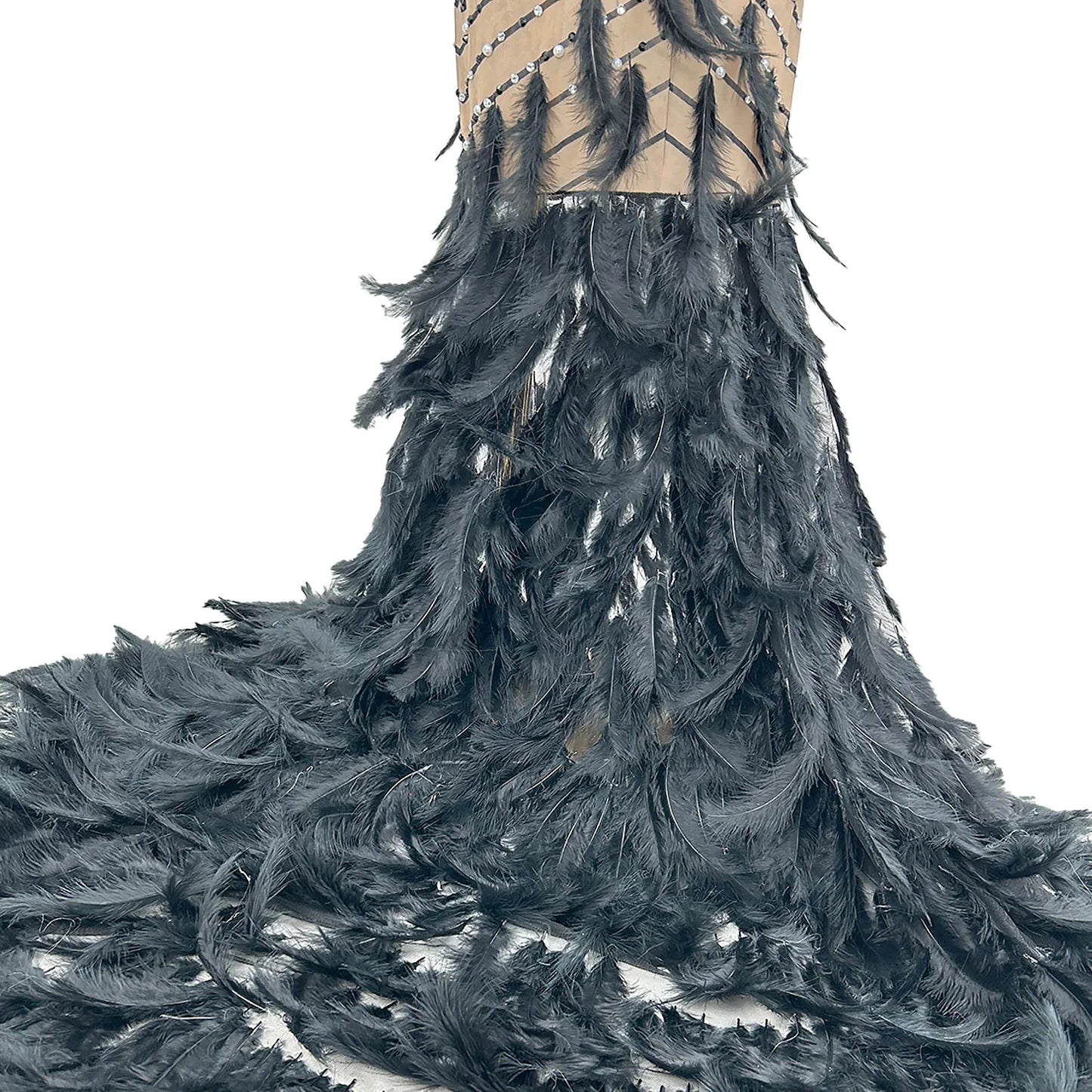 Customized Black Feather Mermaid Prom Dress for Black Girls High Stretch Diamonds Crystals Beaded Birthday Party Gown Fentiyumao