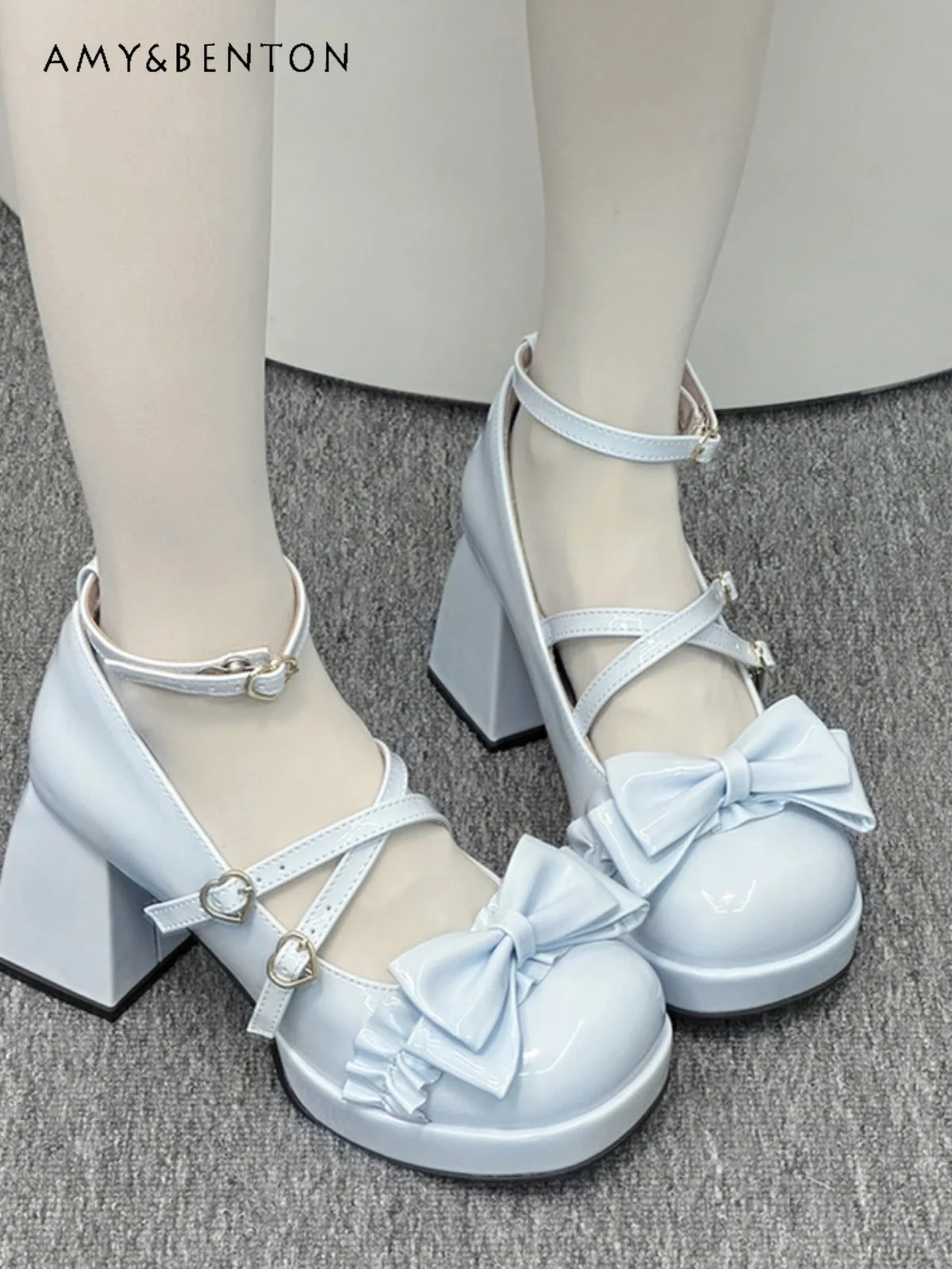 Original Round Toe Lolita High Heels Japanese Sweet Cute Bow Love Buckle Chunky Mary Jane Shoes Kawaii Leather Shoes for Women