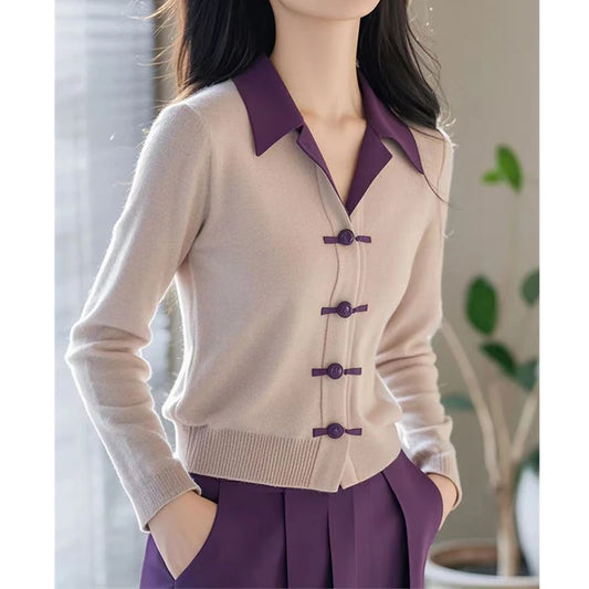 Women Chinese Style Vintage Contrast Color Single Breasted Knitted Cardigans Elegant Chic Polo Collar Long Sleeve Slim Sweaters