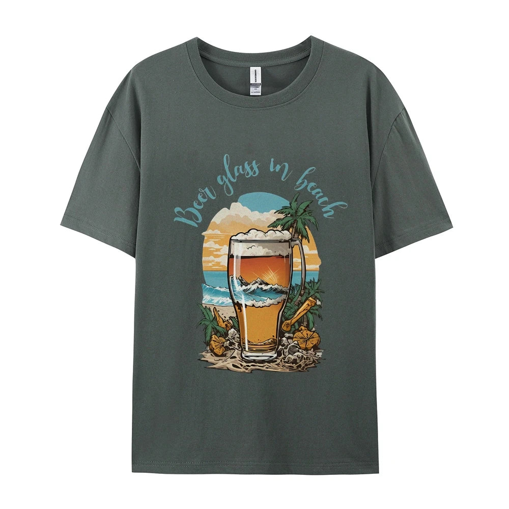 Beer Glass In Beach Women’s Graphic Tee Summer Vacation T-Shirt Beers Lover Shirt Oktoberfest Tshirts Women’s Clothes Top Tees