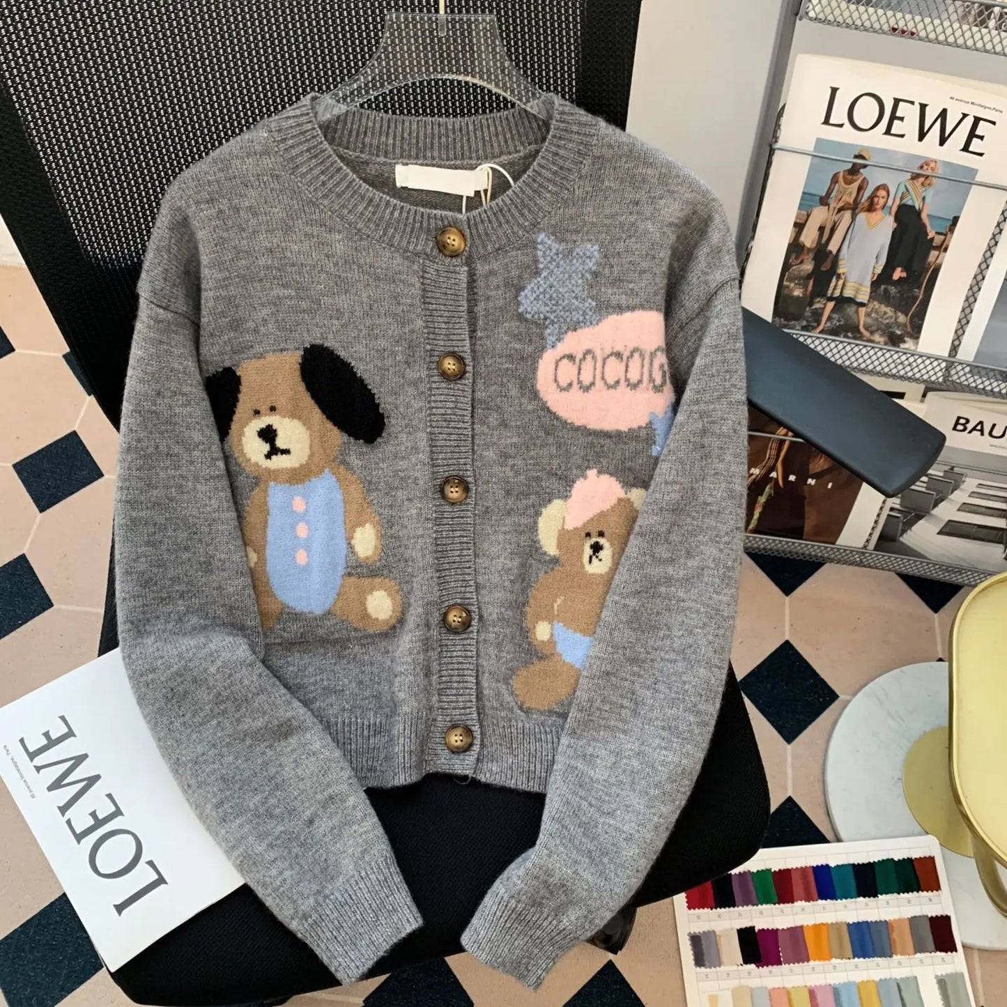 Korean Fashion Autumn Sweaters Coats Women O-Neck Cartoon Little Bear Button Sweet Chic Long Sleeve Loose Cardigan Knitted Tops