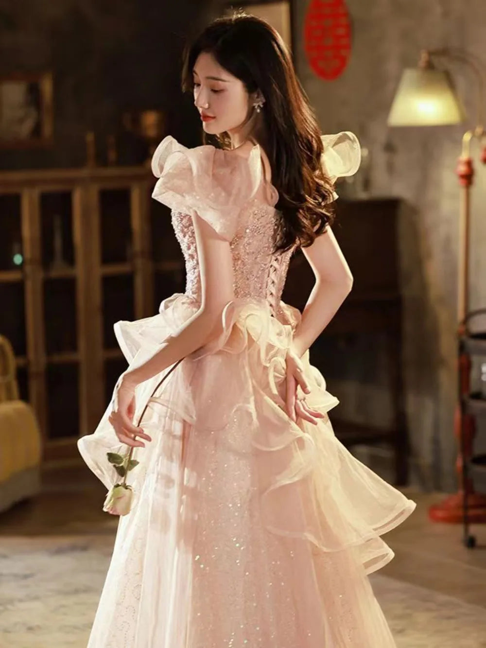 Pink Elegant Evening Dresses for Women Flying Shoulder Sequined Ruffle Fluffy Organza Prom Dreeses for Woman