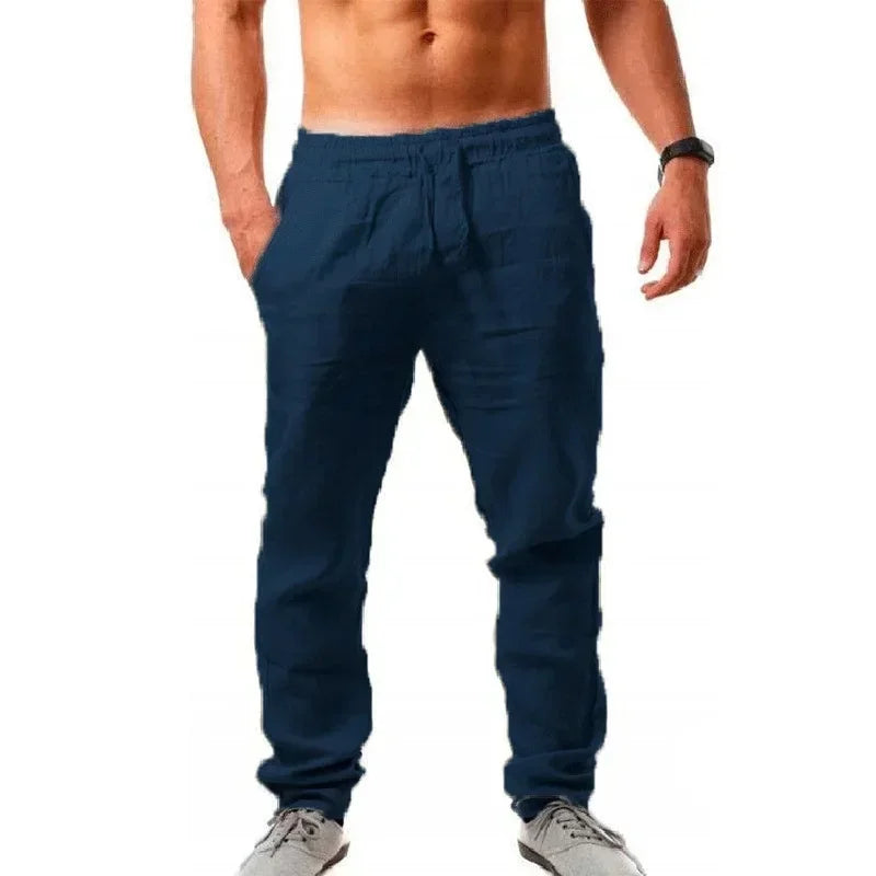 New fashion brand spring/summer men's sports pants hip-hop breathable cotton linen solid color simple drawstring wide leg pants