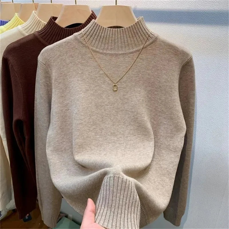 2024 Autumn Women Pullover Sweater Fashion Half Turtleneck Knitted Female Jumper Long Sleeve Winter Black Soft Elastic Blouse