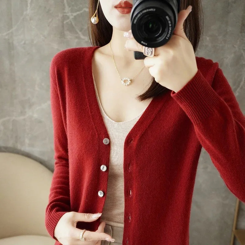 JIAYAN 2025 Spring New Cardigans Women's Clothing Korean Version Tops Solid Color Fashion V-neck Knitted Sweater