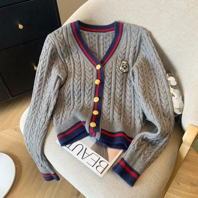 College Style V-neck Sweater Cardigan Women's Spring Autumn Retro Soft Waxy Lazy Style Short Fried Dough Twists Knitting Coat