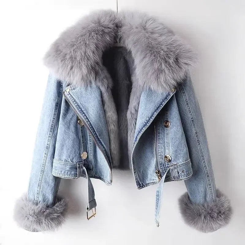 Denim Jacket for Women Short Thick 2025 Autumn Winter Y2k Tops Casual Punk Biker Faux Fox Fur Zipper Cowboy Coat Warm Outerwear