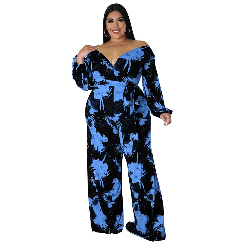 Plus Size Floral Print Jumpsuit Female Casual Loose Elegant Clothing Women One Piece Outfit 2023 Autumn Fashion Wide Leg Pants