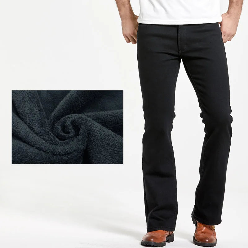 Mens Winter Stretch Denim Jeans Thicken Warm Pants Slim Slightly Flare Trousers Boot Cut Fit Polar Fleece Jeans