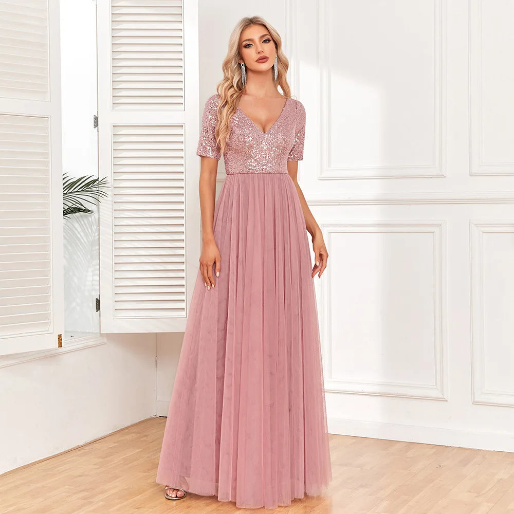 2024 Ladies Elegant Short sleeved Dress with Lace Embroidery V-neck A-line Sequin Evening Dress Bridesmaid Party Graduation Dres