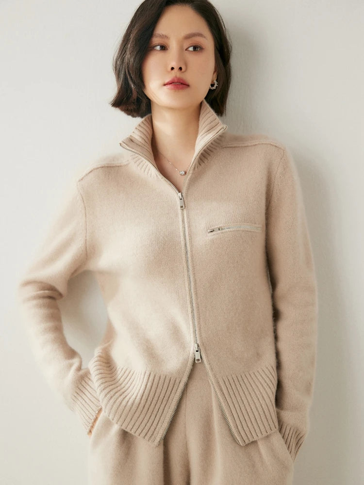 Luxury Women's 100% Goat Cashmere Zipper Cardigan Autumn Winter Turtleneck Cashmere Sweater Coat Chic Thick Warm Clothing Tops