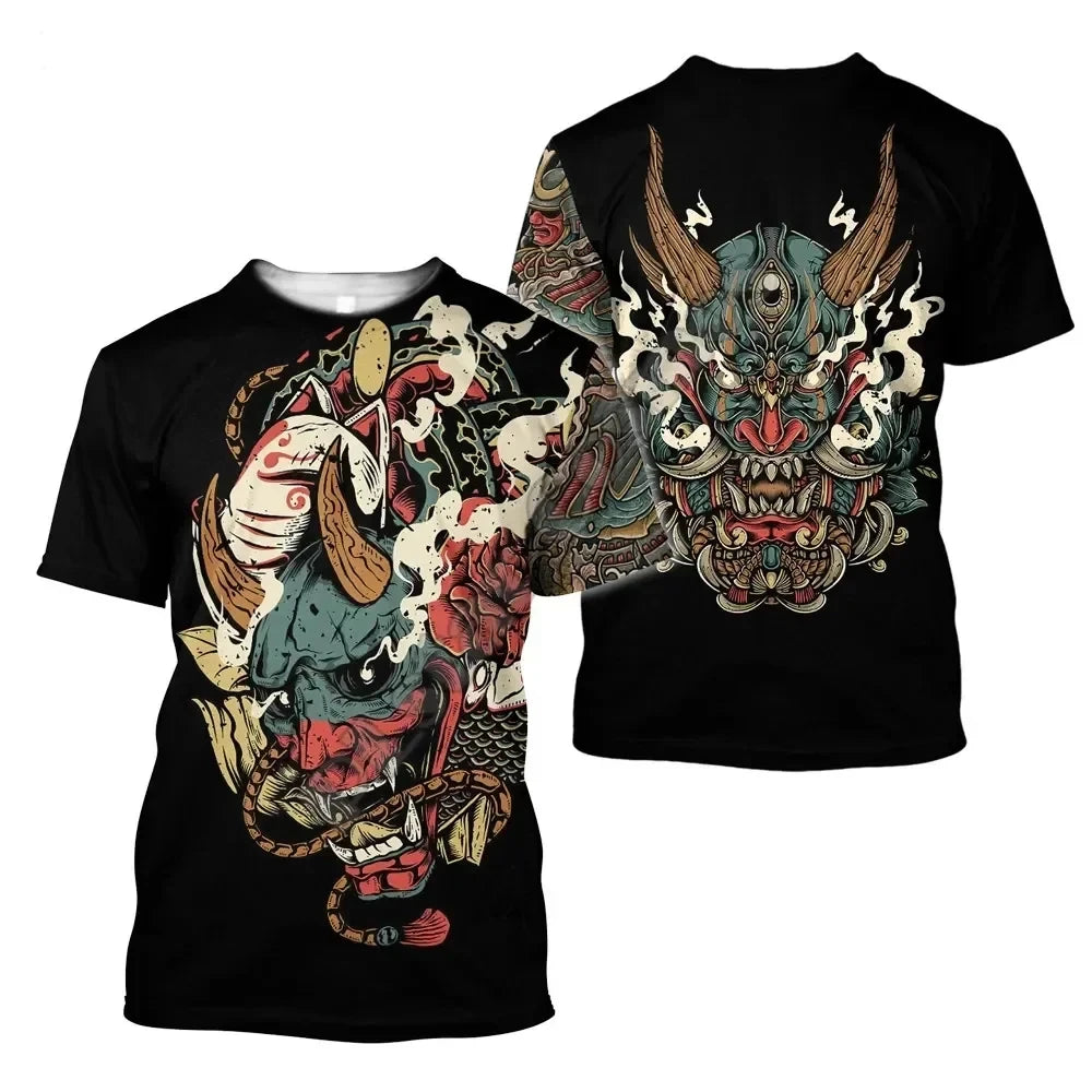 Men's Summer Fashion Samurai Tattoo Pattern Casual Harajuku Streetwear 3D Print Hip Hop Round Neck T-shirts