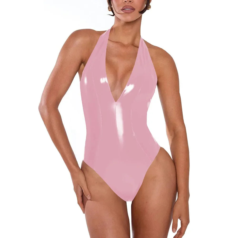 Plus Size Women Skintight Halter Bodysuits Sexy Plunging Neckline Backless Exotic Catsuit Shiny PVC Leather Latex Look Teddies