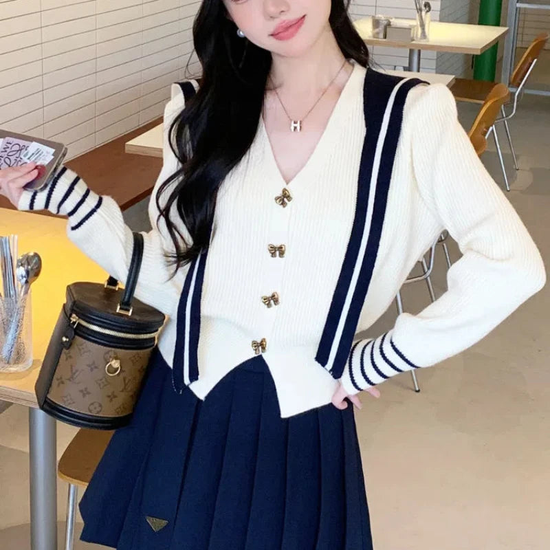 Spring Autumn New V-neck Long Sleeve Fashion Sweater Women High Street Casual Button Patchwork Cardigan Vintage All-match Tops