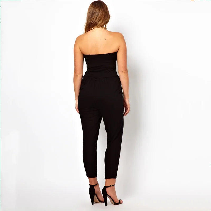 Plus Size Elegant Tube Jumpsuits Women Sleeveless Off Shoulder Solid Black Pocket Elastic Waist Summer Casual Jumpsuits 6xl 7xl