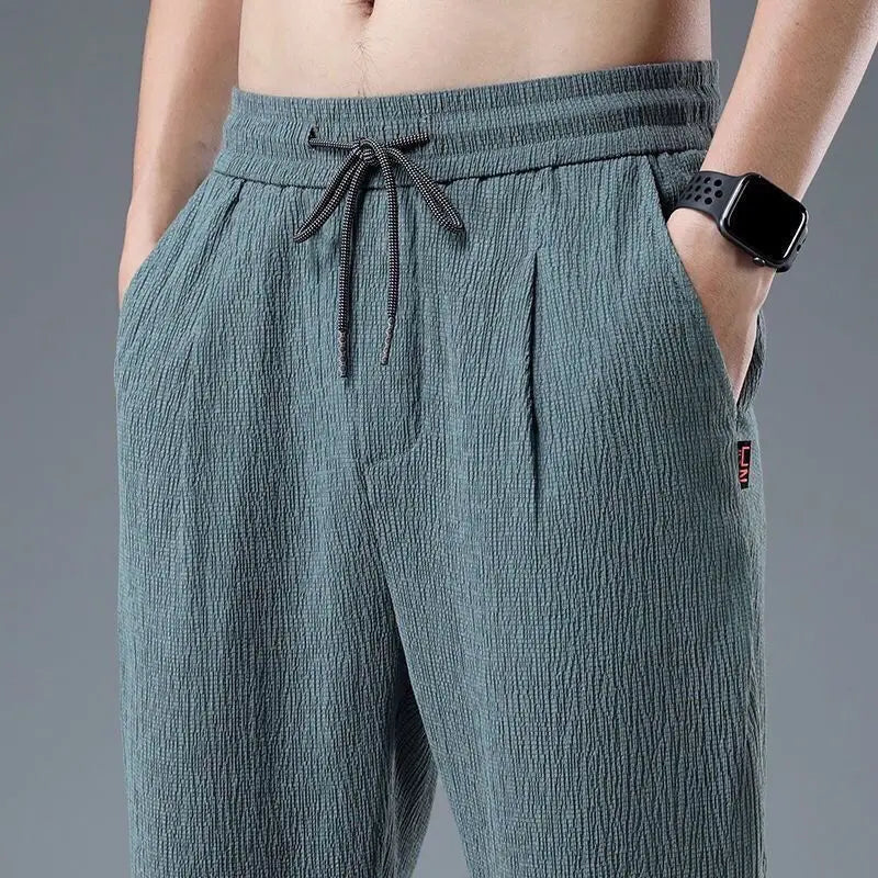 Men's Ice Silk Linen Sports Pants Casual Loose Summer Sweatpants Drawstring Spring Autumn Lightweight Harem Pants