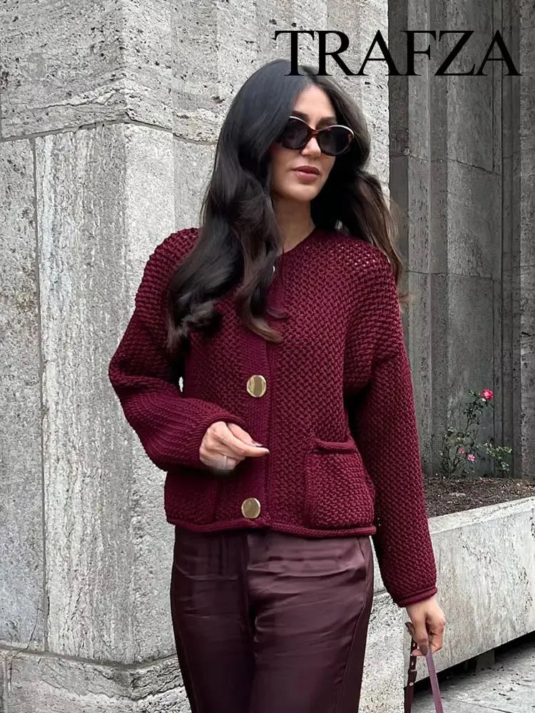 TRAFZA Women Vintage Wine Red Sweater Cardigan Female Metal Buttons Long Sleeve Coat With Pockets Fashion High Street Knitwear