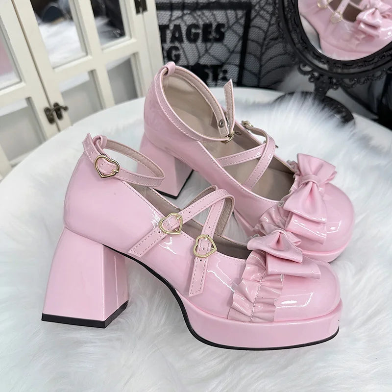 Original Round Toe Lolita High Heels Japanese Sweet Cute Bow Love Buckle Chunky Mary Jane Shoes Kawaii Leather Shoes for Women