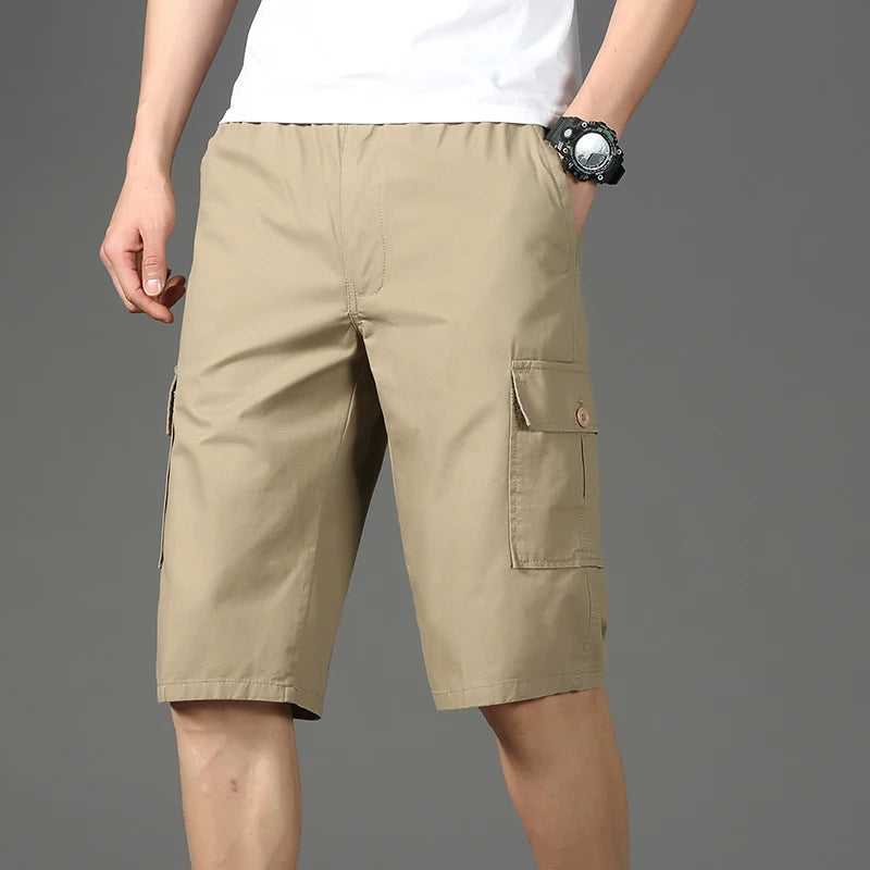 Mens Cotton Cargo Shorts Below Knee Lenth Summer Elastic Waist Sweatpants Hiking Running Bermuda Shorts Gym Below Knee Shorts