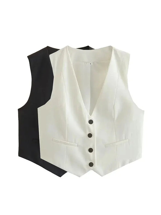 Cropped Vest Women Waistcoat Fashion Buttons Tops Vintage V Neck Sleeveless Coats Outerwear White Black Chic Jacket