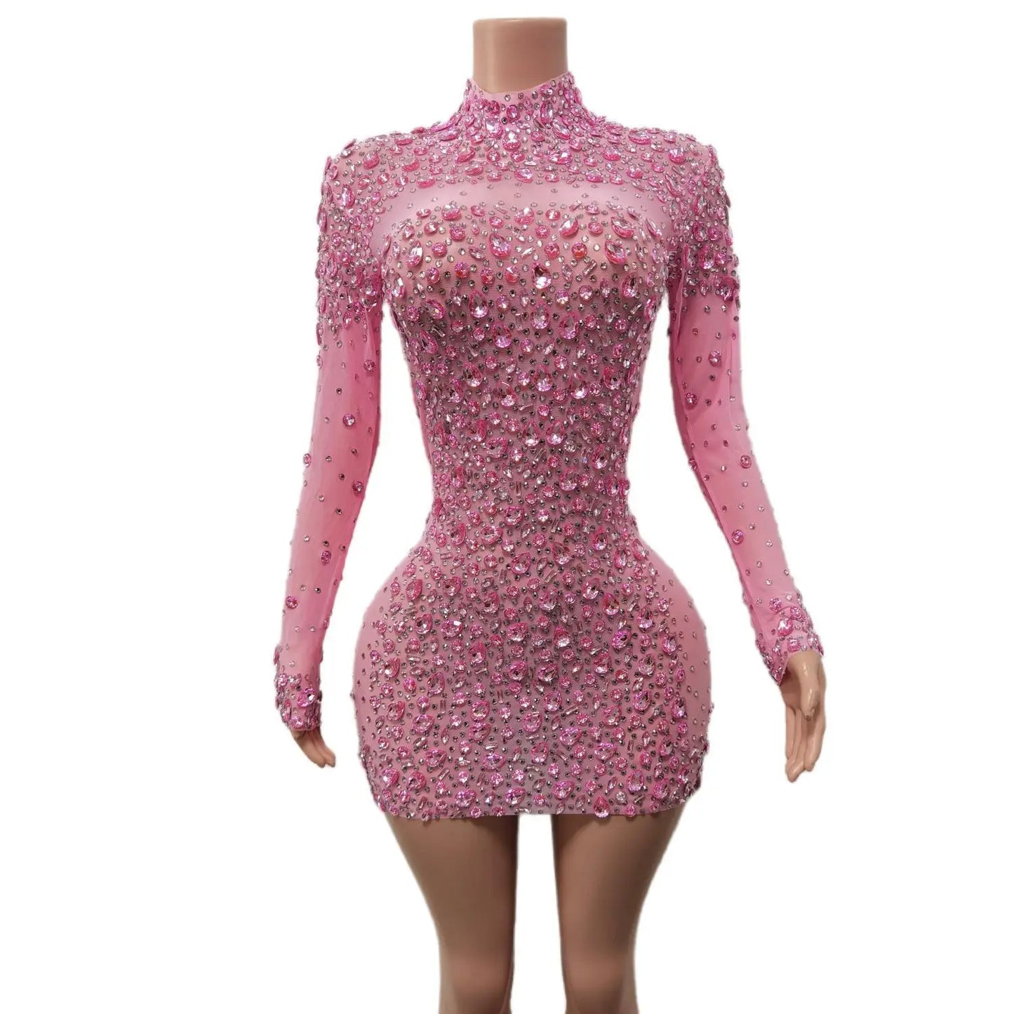 Sexy Dance Pink Dress Performance Sparkly Pink Rhinestones Dress Women Evening Birthday Celebrate Party Outfit 2024 Cuixing