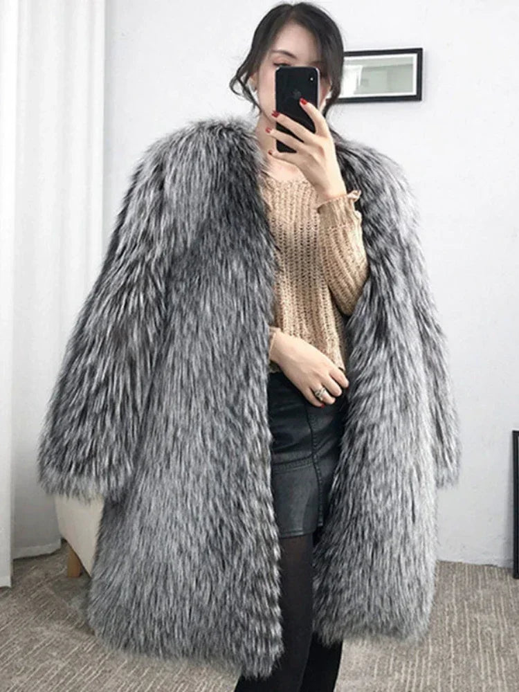 Women Warm Faux Fox Fur Coat Autumn Winter Leisure Long Jacket Windbreaker Thick Fluffy Luxury Bontjas Warm Parkas Outerwear