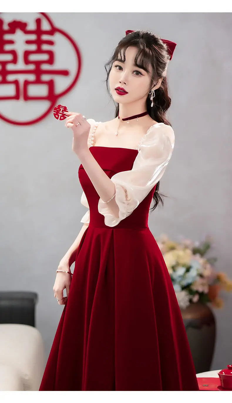 2024 Wine Red Luxury Small Dress, Summer Skirt, Toast Dress, Bride can wear engagement dress on weekdays