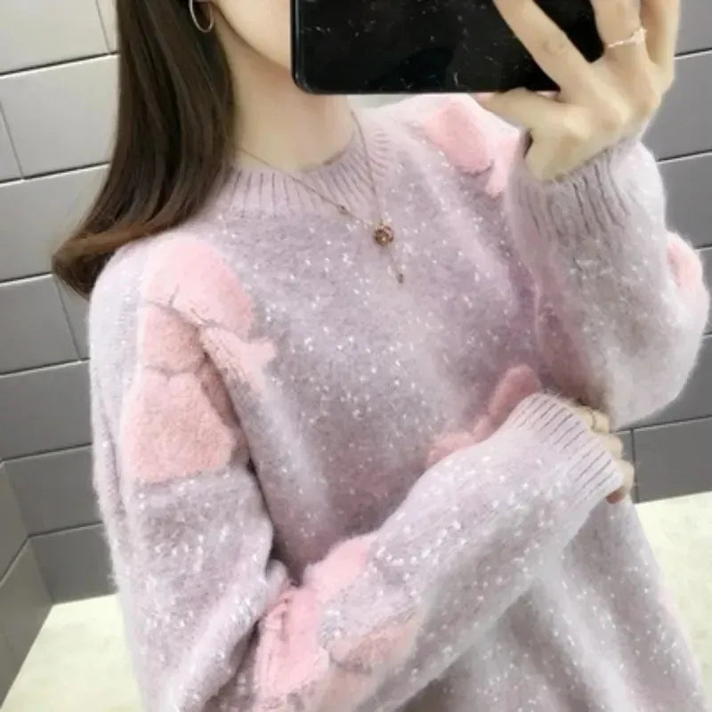 Loose Pullover Women Sweater Long-sleeve Thick Warm Sweaters 2025 Autumn Winter Fashion Bow Imitation Mink Velvet Tops Female