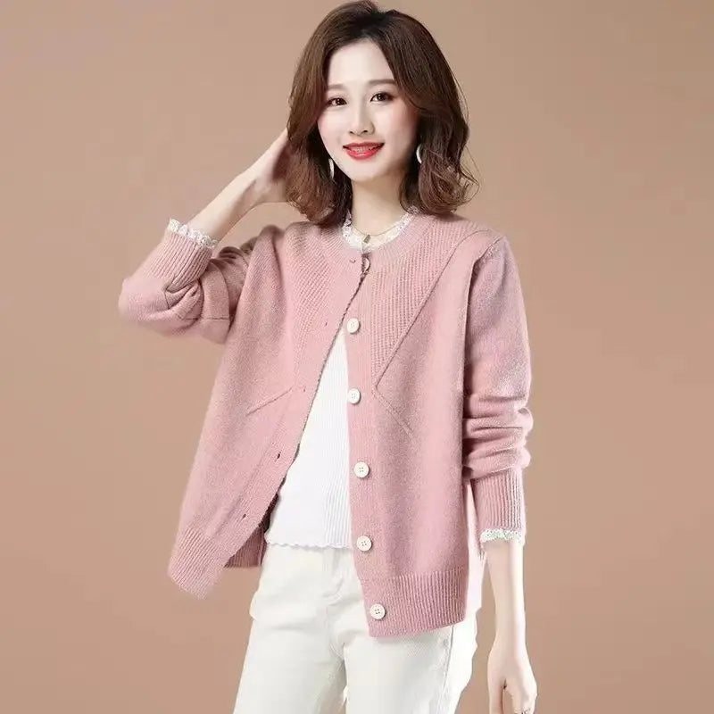 New Round Neck Lace Border Outer Knitted Sweater Loose Jacket Women's Top Cardigan Women