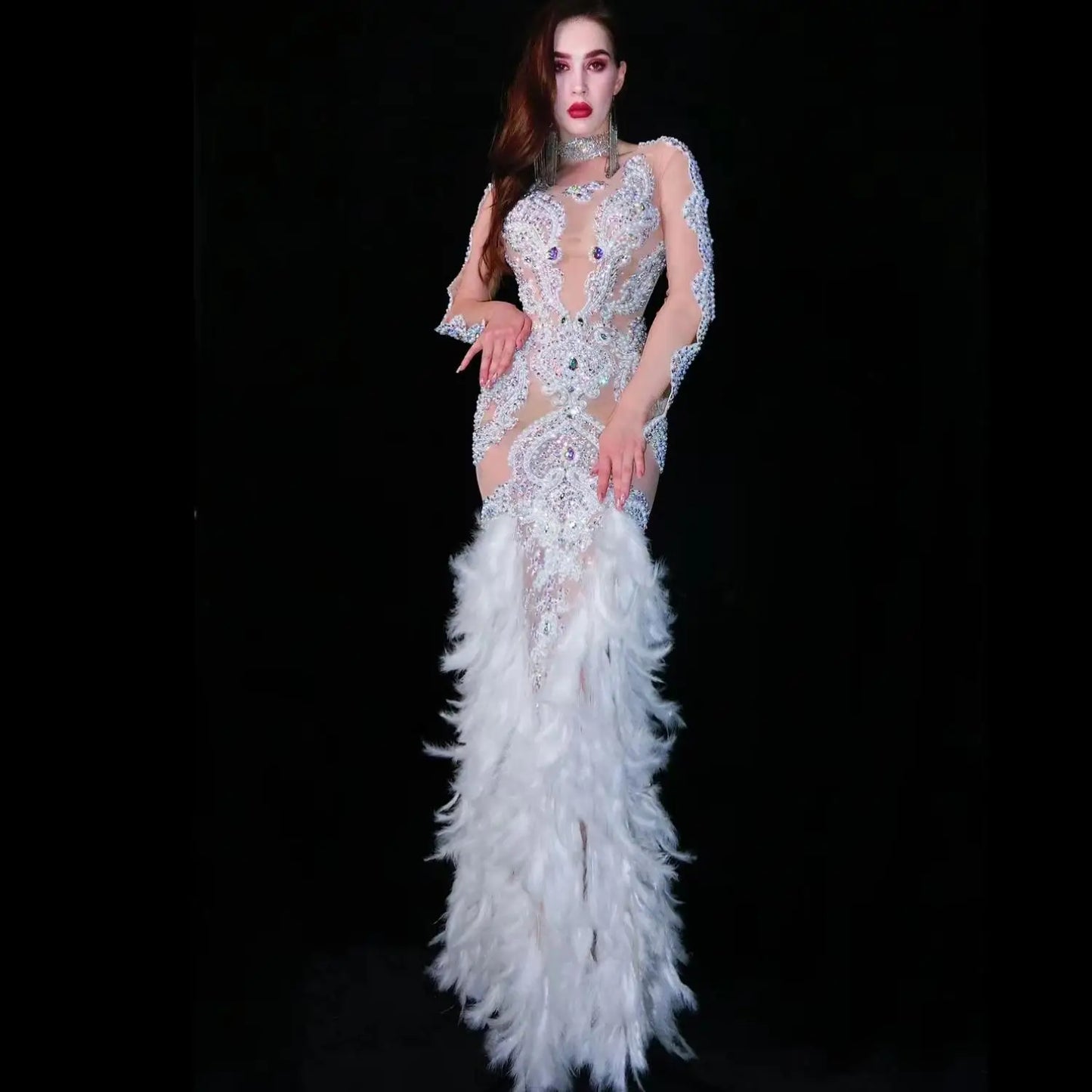 White Rhinestone Pearl Feather High Split Dresses Long Dress Prom Birthday Party Dress Women Stage Performance Clothes Baizhubao