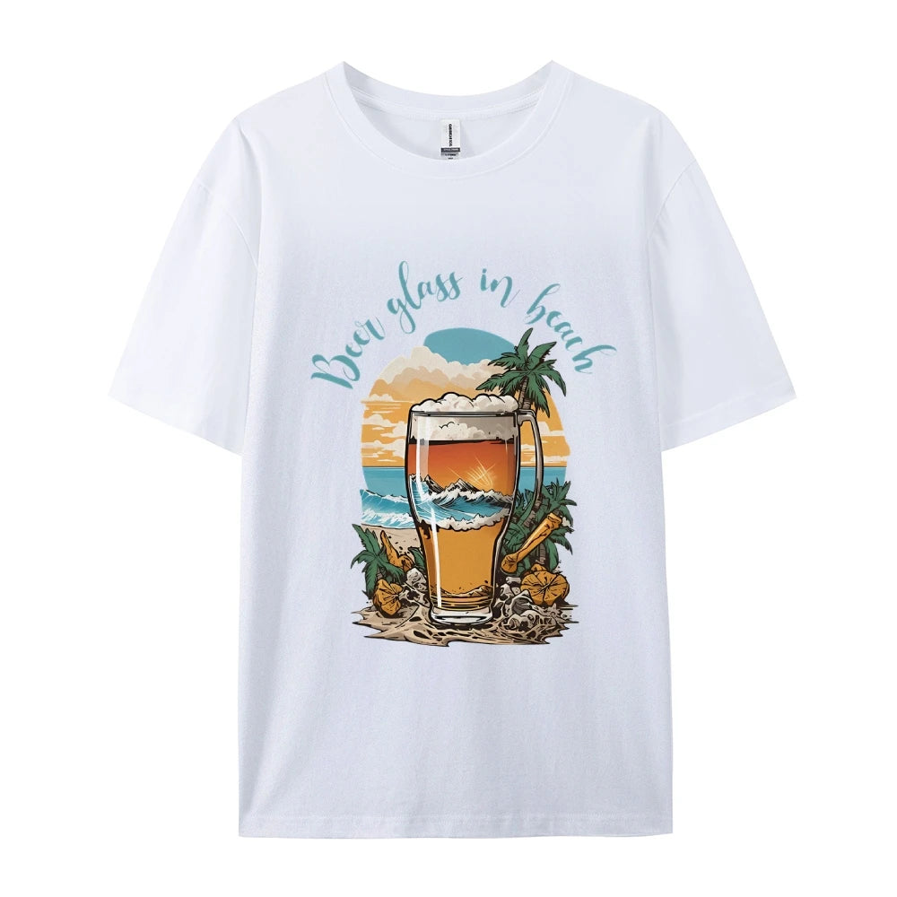 Beer Glass In Beach Women’s Graphic Tee Summer Vacation T-Shirt Beers Lover Shirt Oktoberfest Tshirts Women’s Clothes Top Tees