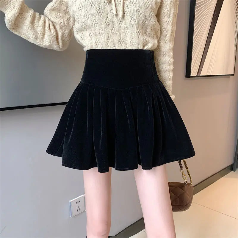 Autumn Winter Black Pleated Skirt for Women Velvet Cute A-line Mini Skirt Shorts Sweet Fashionable Korean Style Female Clothing