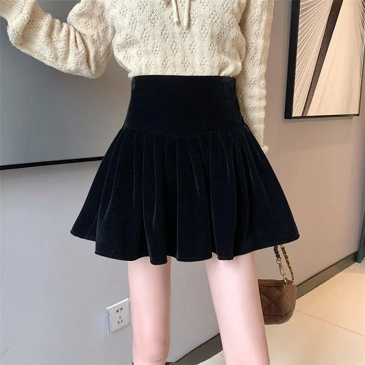 Autumn Winter Black Pleated Skirt for Women Velvet Cute A-line Mini Skirt Shorts Sweet Fashionable Korean Style Female Clothing