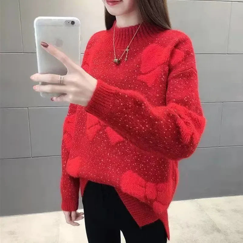 Loose Pullover Women Sweater Long-sleeve Thick Warm Sweaters 2025 Autumn Winter Fashion Bow Imitation Mink Velvet Tops Female