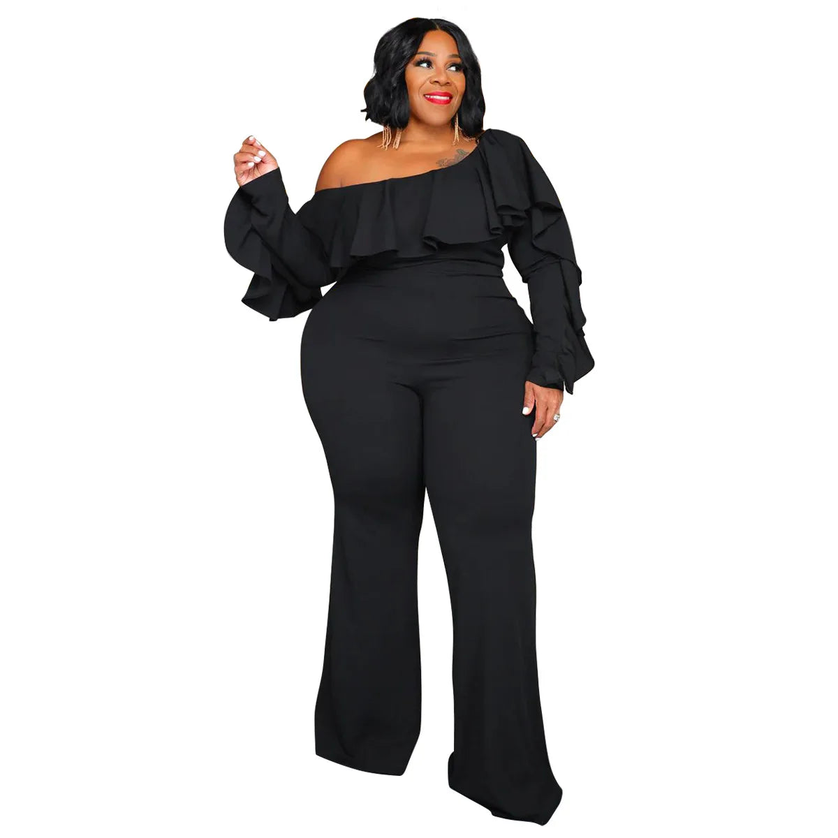 Plus Size Women Jumpsuit One Shoulder Long Sleeves Rufflea Wide Leg Pants Party Rompers 4XL 5XL Autumn Winter