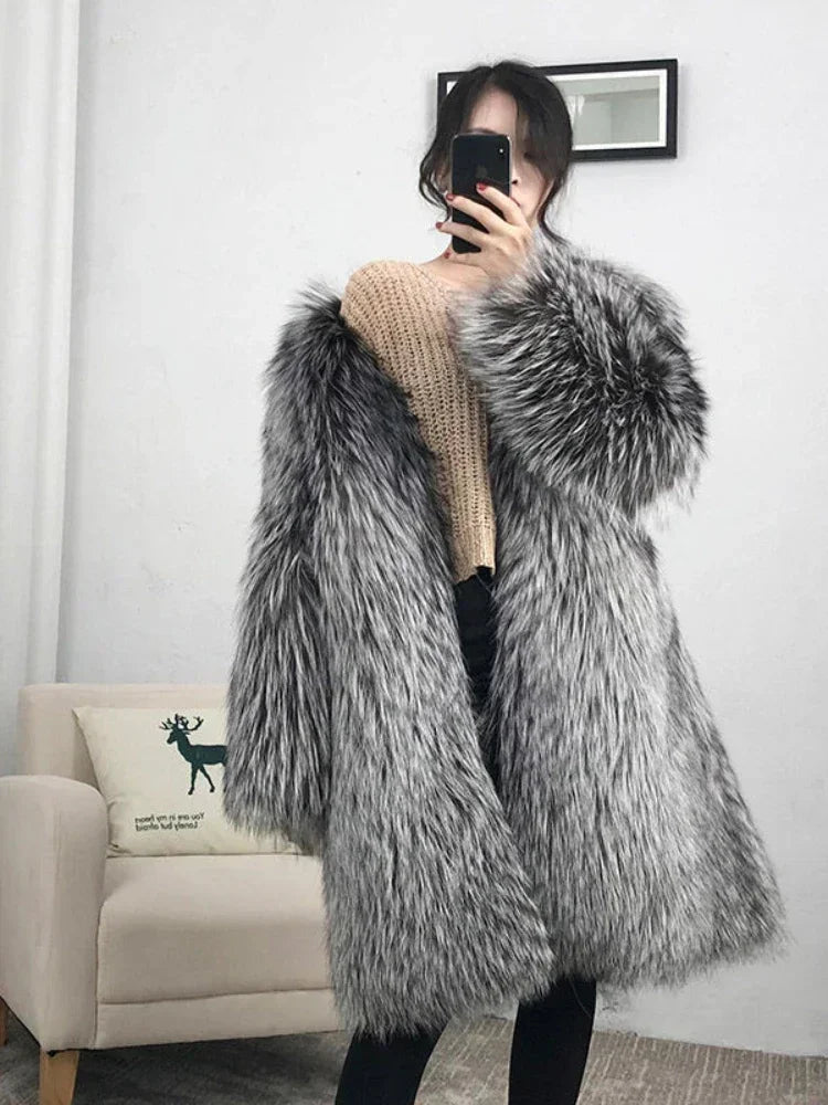 Women Warm Faux Fox Fur Coat Autumn Winter Leisure Long Jacket Windbreaker Thick Fluffy Luxury Bontjas Warm Parkas Outerwear