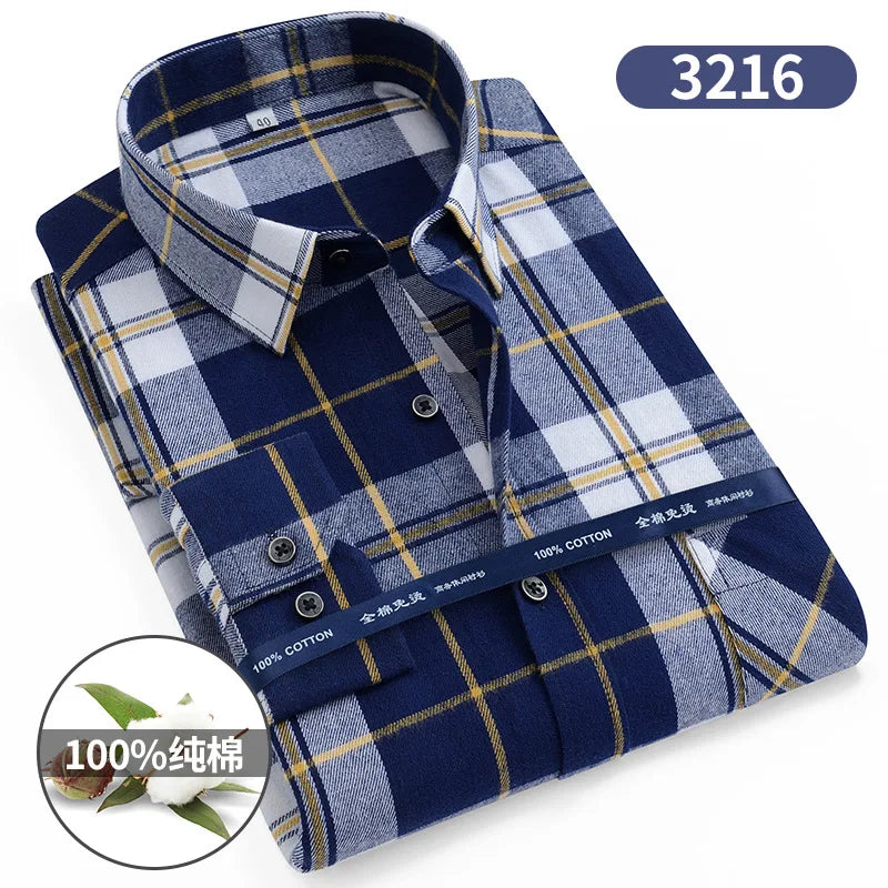 Size 11XL 10XL 9XL Fashion Flannel Plaid Shirts For Men‘s Long Sleeve Cotton Casual Blouse Soft Standard-Fit Shirt Male Clothing