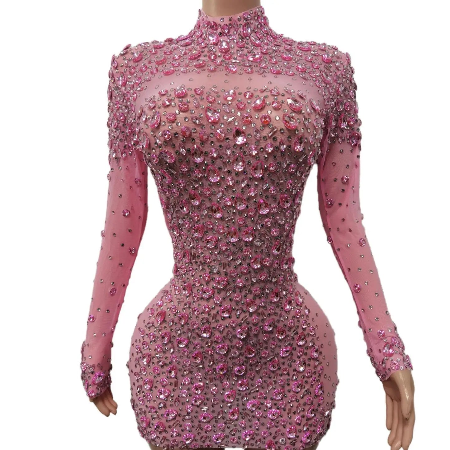 Sexy Dance Pink Dress Performance Sparkly Pink Rhinestones Dress Women Evening Birthday Celebrate Party Outfit 2024 Cuixing